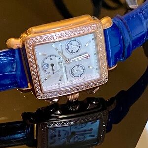 Michele  Blue Leather Strap Rose Gold-Chrono